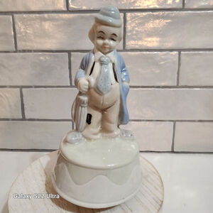 Artmare White & Blue Ceramic Clown Figurine Music Box, Vintage